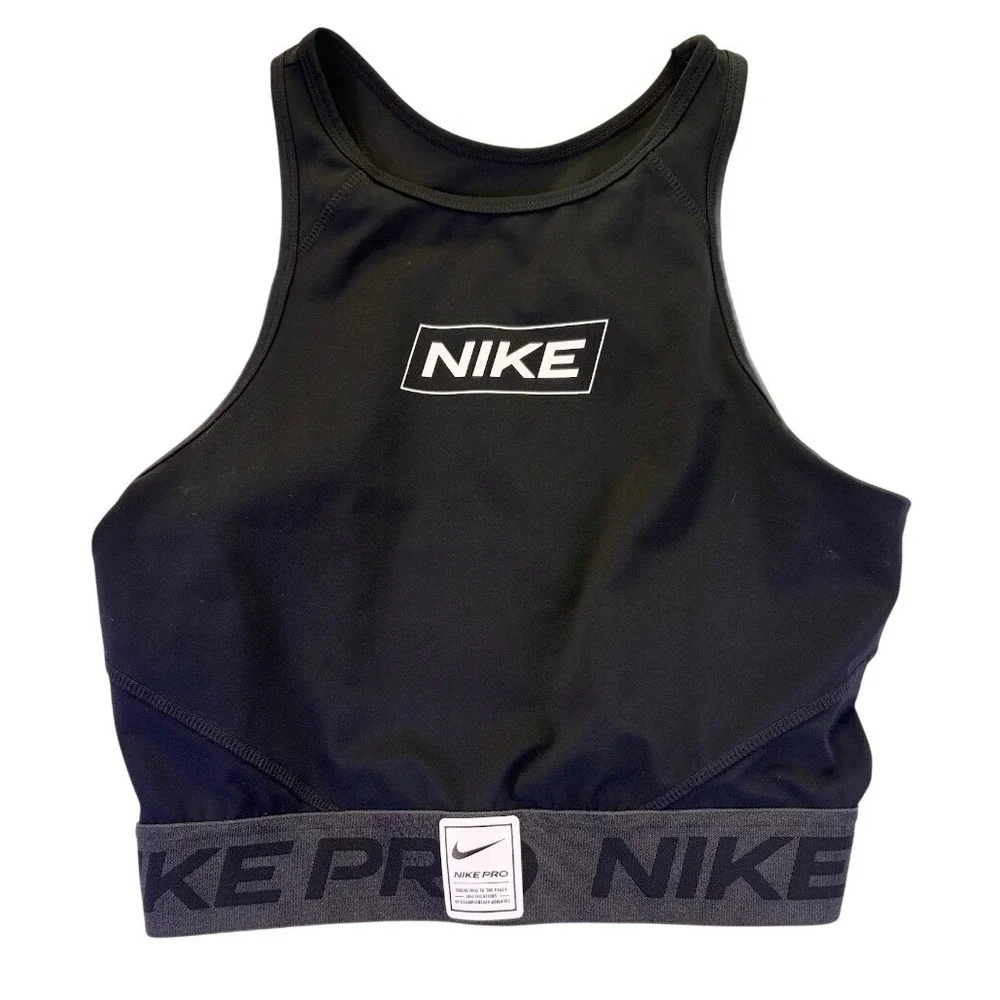 Nike Pro Dri-FIT Women Black High Neck Racerback Sports Bra Crop Top Medium